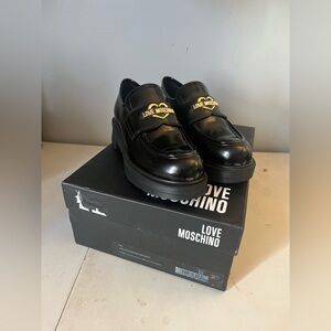 Love Moschino Heart Plaque Logo Black Calf Leather Loafers Women’s Size 36 EU